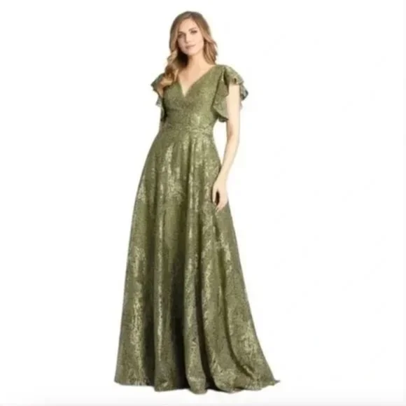 mac duggal olive green dress Dark Green Sleeveless Open Back Satin Gown